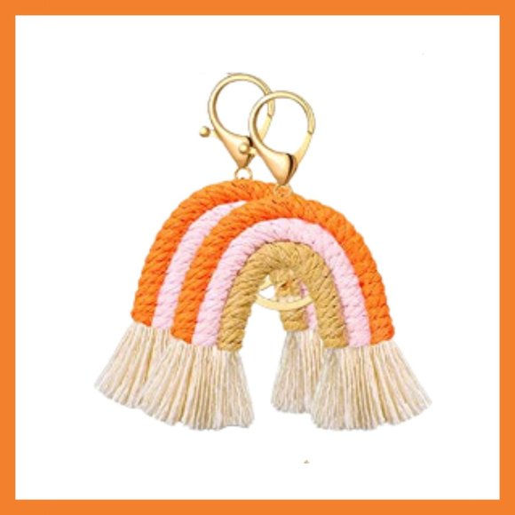 Accessories - Boho Orange Pink Tan Macrame Rainbow Keychain